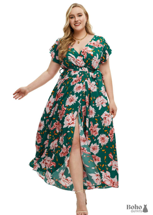 Boho Plus Size Printed Slit Maxi Dress Gianna